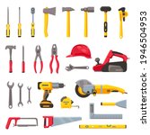 Building tools. Construction hardware, screwdriver, hammer, saw and drill, builder helmet and electric equipment. Repair toolkit vector set. Illustration drill and hammer, hardware tool equipment