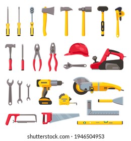 Building tools. Construction hardware, screwdriver, hammer, saw and drill, builder helmet and electric equipment. Repair toolkit vector set. Illustration drill and hammer, hardware tool equipment