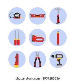 Building tools icons on white background. Repair hand tools screwdriver,furniture stapler and wrench, pliers and level.