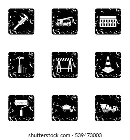 Building tools icons set. Grunge illustration of 9 building tools vector icons for web