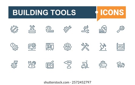 Building Tools icons set. Related to helmet, carpenter, hammer, home, construction, industry, hand, saw. Simple icon designs. Vector illustration in modern line style.