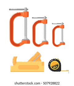Building tools isolated on white background vector illustration. Planer, roulette and clamps in flat design. Hand tools for carpentry and home renovation. DIY collection. Construction equipment.