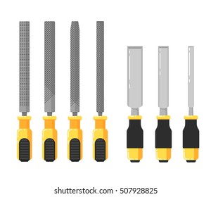 Building tools isolated on white background vector illustration. Chisels and files in flat design. Hand tools for carpentry and home renovation. DIY collection. Construction equipment.