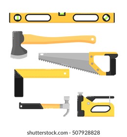 Building tools isolated on white background vector illustration. Hammer, saw, axe, stapler and other in flat design. Hand tools for carpentry and home renovation. DIY set. Construction equipment.