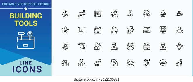 Building Tools line icon set. Related to tool, mechanic, work, house, equipment and more. Construction Tools icon pack. Perfect for logos and infographic. Vector illustration.