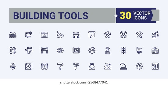 Building Tools line icons set. Containing screwdriver, plumbing, build, helmet, construction, drill, builder and more. Simple line vector. Editable vector outline and solid icons.