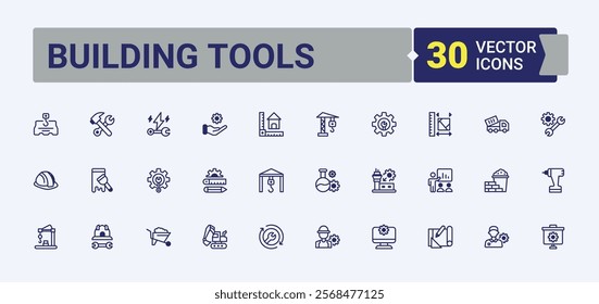 Building Tools line icons set. Containing screwdriver, plumbing, build, helmet, construction, drill, builder and more. Simple line vector. Editable vector outline and solid icons.