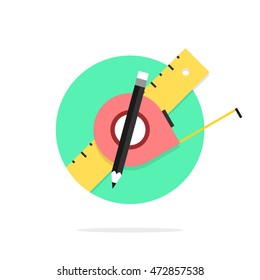 Building tools. Measuring tape, ruler, pencil in the circle. Modern flat style. Vector icon