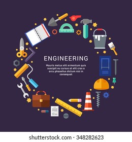 Building Tools and Objects in the Shape of Circle. Vector Illustration in Flat Design Style with Place For Text