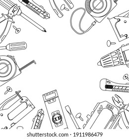 Building tools outline style. Repair hand tools screwdriver, furniture stapler, wrench, pliers, tape measure, level. Vector illustration flat style