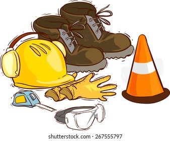 The building tools and protective means. Working boots, tools, building helmet, goggles ,meter gloves,