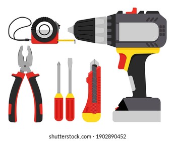 Building tools in red, grey and yallow colors. Repair hand tools screwdriver, pliers, tape roulette, knife tool.