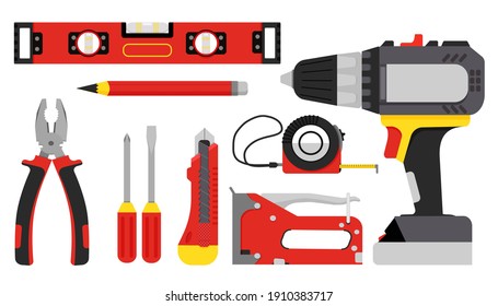 Building tools. Repair hand tools screwdriver, furniture stapler, wrench, pliers, tape measure, level. Vector illustration flat style
