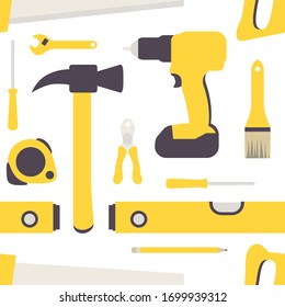Building tools seamless pattern. Repetitive vector illustration on transparent background. Hammer, power drill, wrench, tongs, spirit level, pencil, screwdriver, brushm saw. EPS 10.