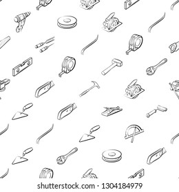 Building tools set. Background for printing, design, web. Usable as icons. Seamless. Monochrome binary, black and white.
