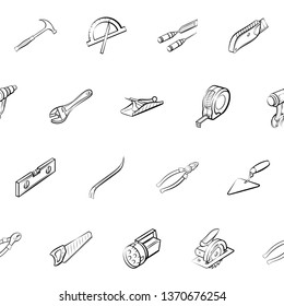 Building tools set. Background for printing, design, web. Usable as icons. Seamless. Monochrome binary, black and white.
