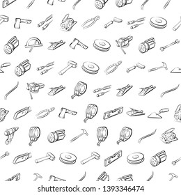 Building tools set. Background for printing, design, web. Usable as icons. Seamless. Monochrome binary, black and white.