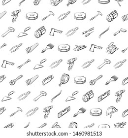 Building tools set. Background for printing, design, web. Usable as icons. Seamless. Monochrome binary, black and white.