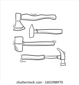Building tools set doodle hand drawn sketch hammer, brush, saw, pliers