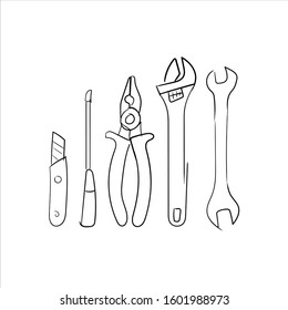 Building tools set doodle hand drawn sketch hammer, brush, saw, pliers