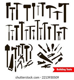 Building tools silhouette on white background.Building tools set