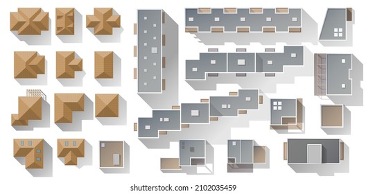 Building top view for landscape design. Set of Objects for plan, map, City. Collection, kit of different types of Houses: townhouse, condominium, residential, apartment, cottage, city house from above