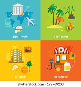 Building tourism icons flat set of business activity holidays city entertainments isolated vector illustration