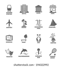 Building tourism icons set of railway station hotel bank cafe isolated vector illustration