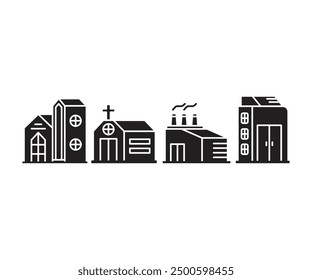 building tower, edifice and factory icons set