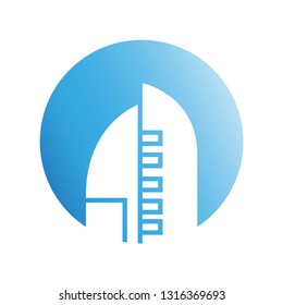 building tower icon in blue circle shape