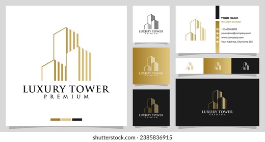 Building tower logo design and business card template vector. Logo design for cityscape, construction, real estate, office, company. Luxury modern minimalist real estate logo.