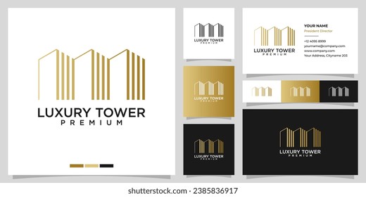 Building tower logo design and business card template vector. Logo design for cityscape, construction, real estate, office, company. Luxury modern minimalist real estate logo.