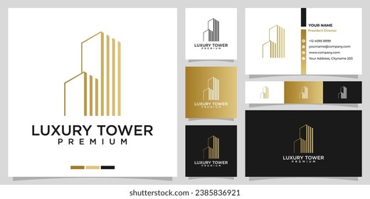 Diseño del logotipo de torre de construcción y vector de plantilla de tarjeta de negocios. Diseño de logotipos para paisajes urbanos, construcción, inmobiliaria, oficina, empresa. Logotipo moderno y minimalista de lujo en el sector inmobiliario.