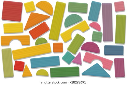 Building toy blocks - colored set, loosely arranged with bricks, roofs, spires, pillars and archs - all parts with wooden texture. Isolated vector illustration on white background.