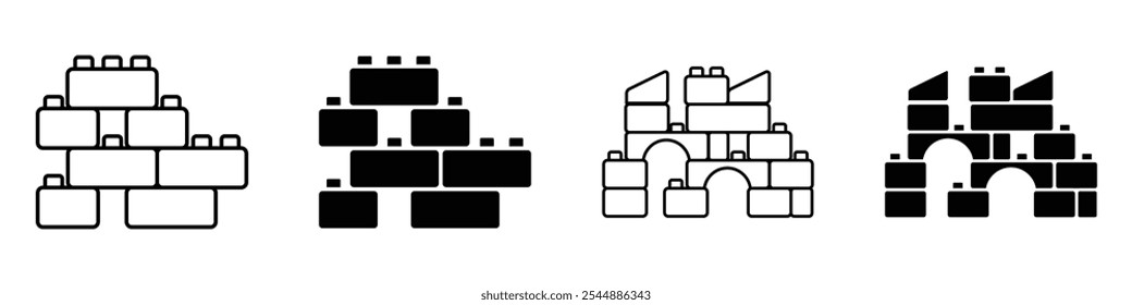 Construindo coleção de ícones de brinquedo em preto e branco preenchido e estilo vetor sólido.