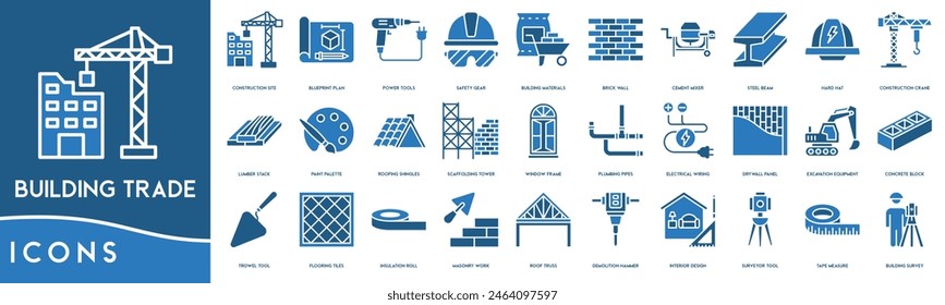 Building Trade icon line. Construction Site, Blueprint Plan, Power Tools, Safety Gear, Building Materials, Brick Wall, Cement Mixer, Steel Beam, Hard Hat icon set