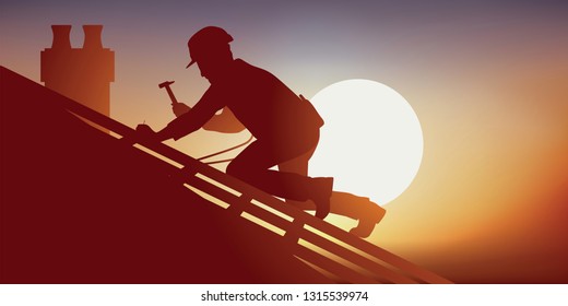 Building tradesman with a roofer on the roof of a house laying tiles, squatting on a frame he works under an overwhelming heat.