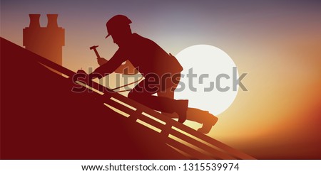 Building tradesman with a roofer on the roof of a house laying tiles, squatting on a frame he works under an overwhelming heat.