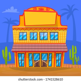 Bauweise im traditionellen Texastil. Vector Konstruktion, Fassade Außendesign Illustration. Typische alte Architektur des Südwestens Amerikas. Taverne oder Abendessen für Cowboys mit Kakteen in der Nähe