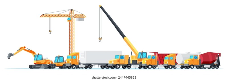 Conjunto de iconos de máquinas de construcción y Transporte. Colección de equipos de construcción aislada en blanco. Grúa torre, camión grúa, excavadora, topadora. Máquina de construcción de casas. Ilustración vectorial plana