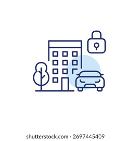 Edificio, árbol, coche y cerradura. Seguridad Urbana, seguridad pública y acceso y control de ciudades inteligentes. Icono de Vector de trazo perfecto y editable