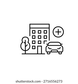 Building, tree, car and plus. Real estate and construction. Pixel perfect, editable stroke vector icon