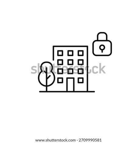 Building, tree and lock. Urban security, public safety and smart city access and control. Pixel perfect, editable stroke vector icon