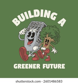 Building and Tree Walking Hand in Hand – Retro Cartoon Mascots