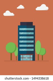 Building. Trees and clouds. Vector building.  Illustration. Skyscraper. Vector trees. Orange background.