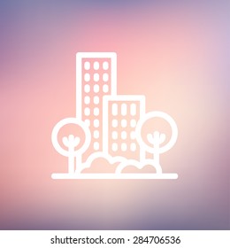 Building and trees icon thin line for web and mobile, modern minimalistic flat design. Vector white icon on gradient mesh background.