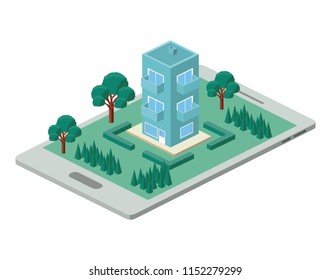 building and trees isometric scene on smartphone