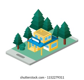 building and trees isometric scene on smartphone