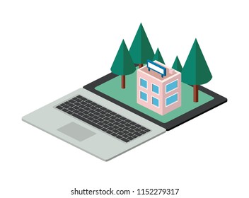 building and trees isometric scene on laptop