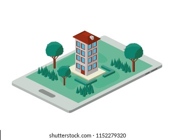 building and trees isometric scene on smartphone